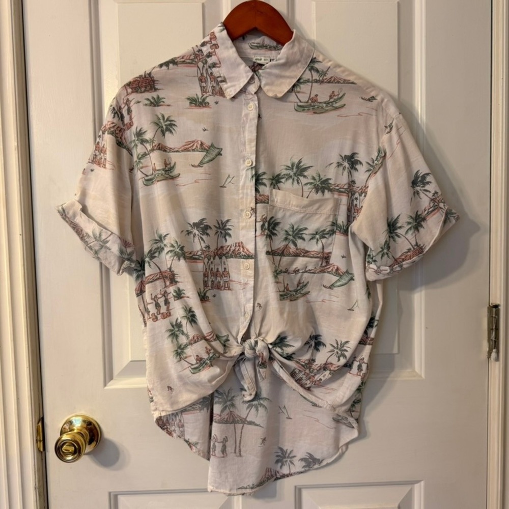 Aerie Tropical Button Down Shirt Womens XS Cream Pink Hawaiian Tie Front Good